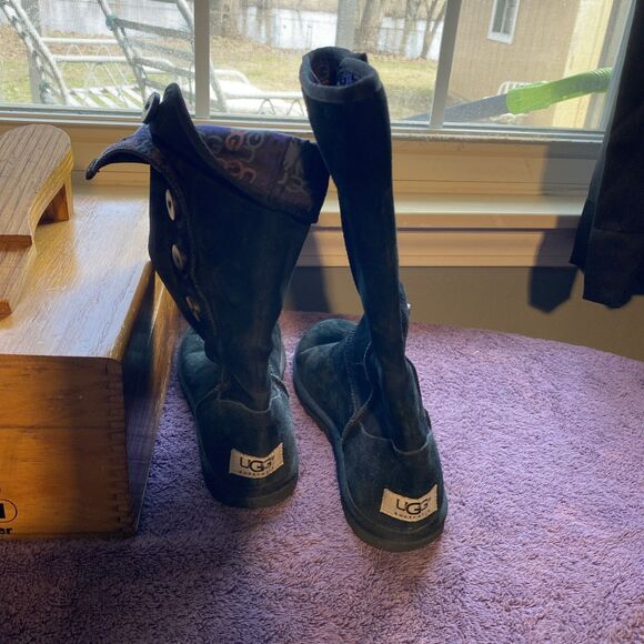 UGG‎ Lo Pro Button Fold Over Boots-Size 7 Black Suede-Sheep Skin Lined-Mid Calf - Picture 8 of 10